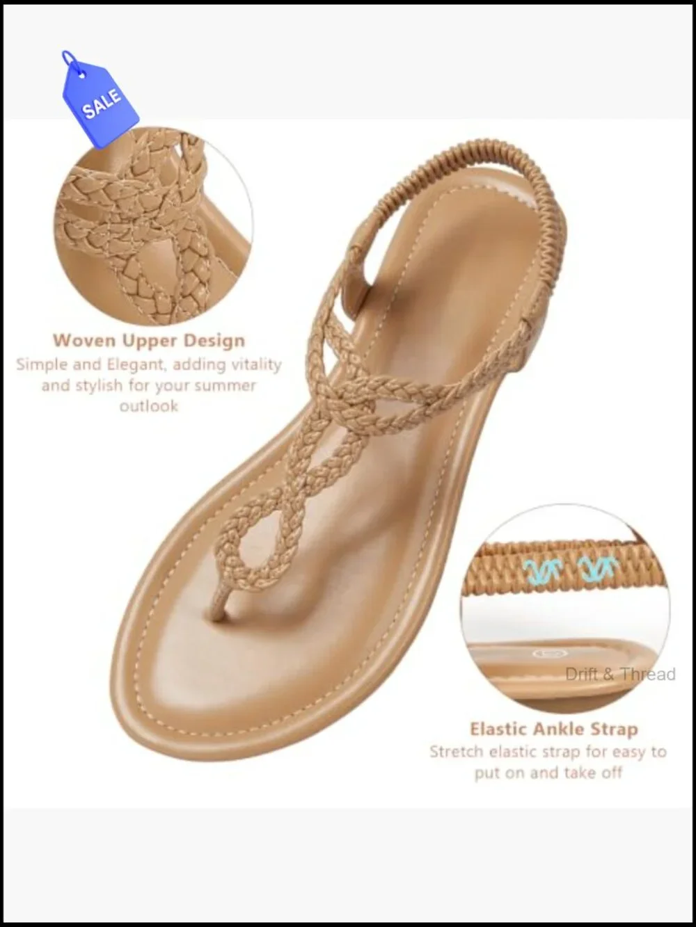 Braided T-Strap Flat Sandals Summer Bohemian Comfortable Dressy Slip On